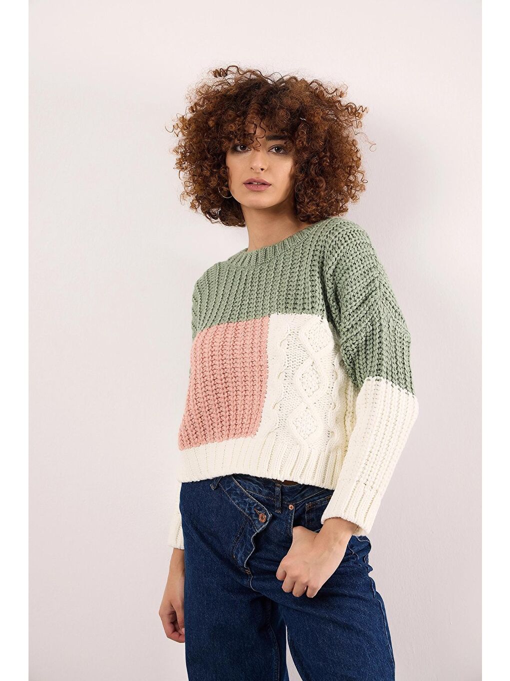 Ekru Bisiklet Yaka Uzun Kollu Kısa Kesim Örme Triko Kazak-1