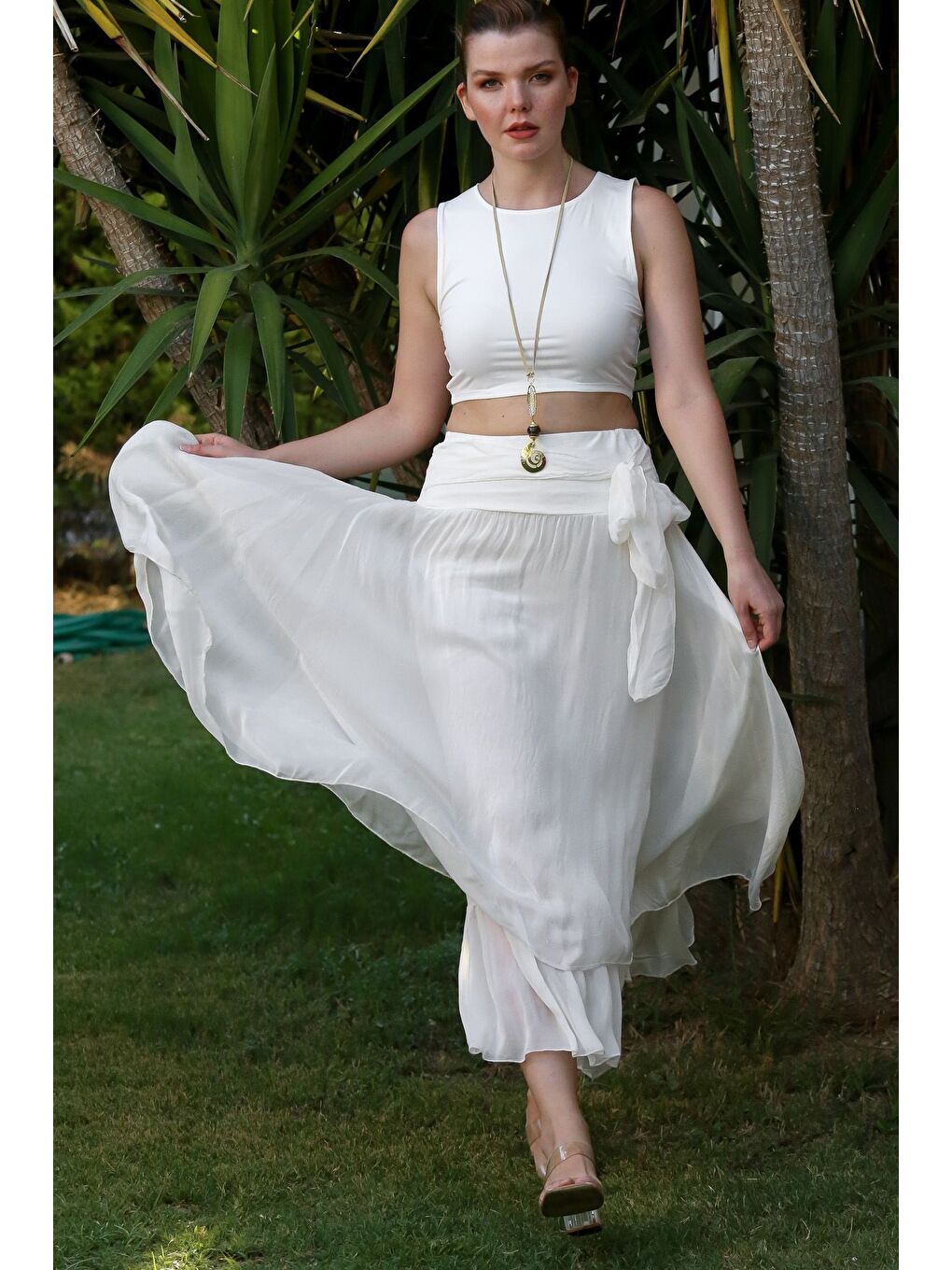 İtalyan Beyaz Astarlı Lastikli Bel Casual İpek Uzun Dokuma Etek 98 60