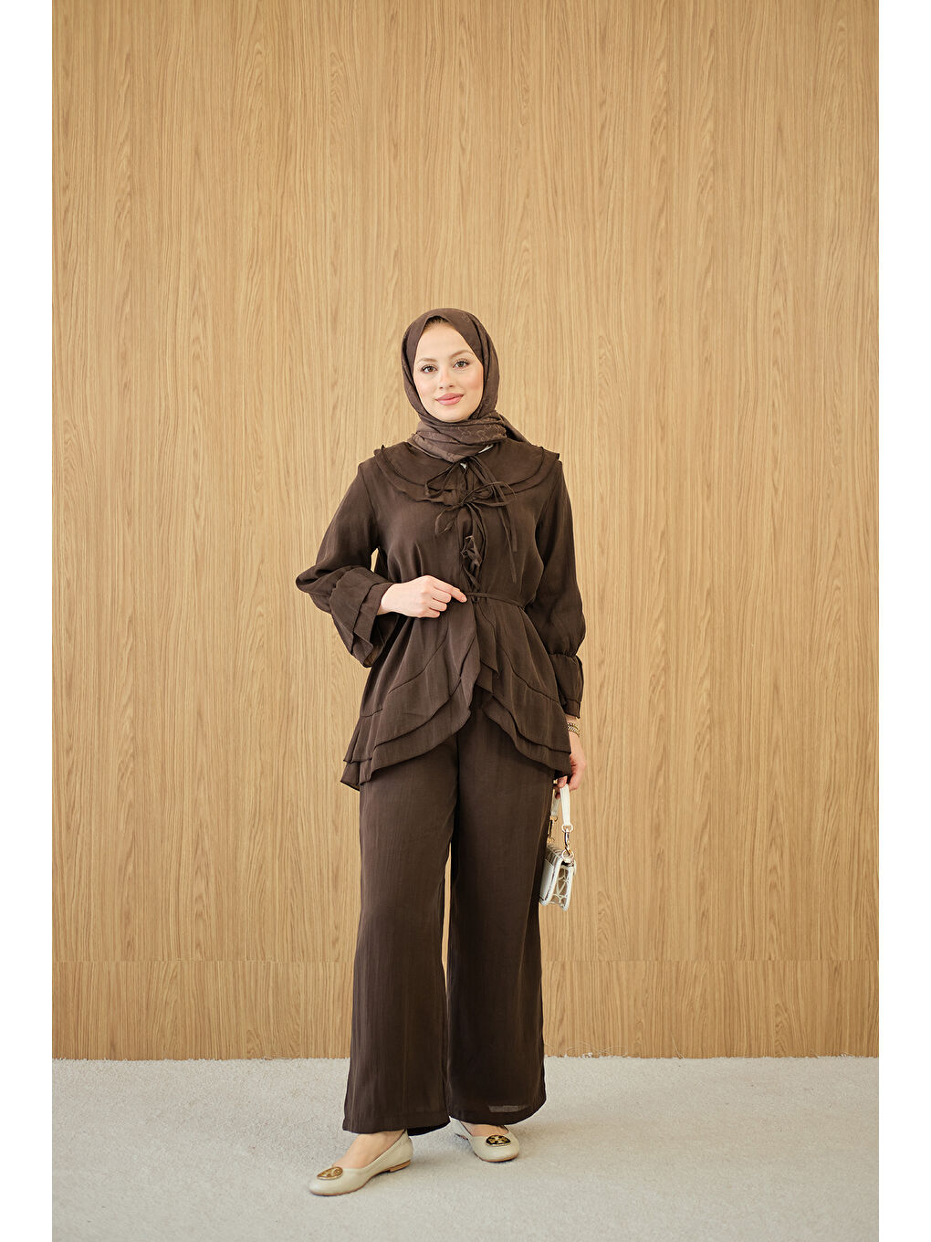 Kadın Bel Bağlamalı Takım Kahverengi