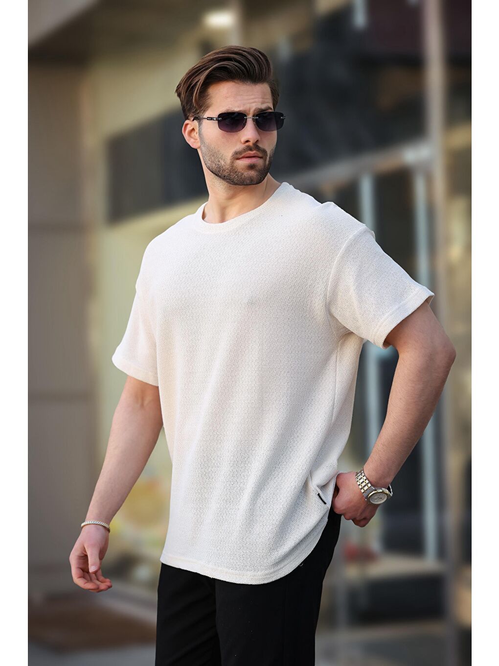 Ekru Bisiklet Yaka Oversize Erkek T-Shirt E7134