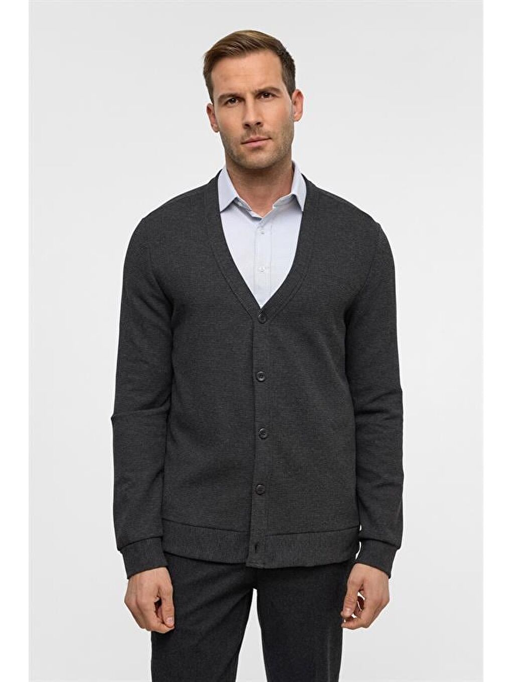 Antrasit Regular Düz V Yaka Hırka