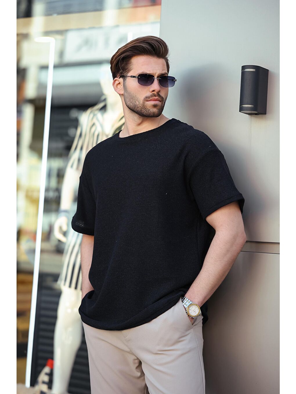 Siyah Bisiklet Yaka Oversize Erkek T-Shirt E7134-1