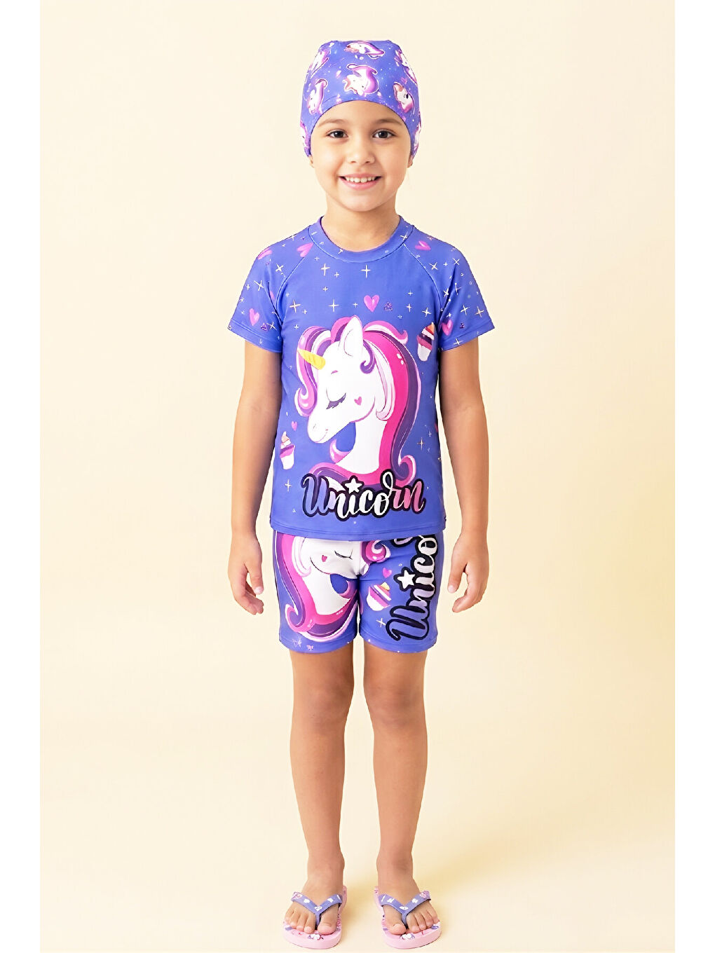 Lila Kız Çocuk 3'lü Mayo Takımı (Şort+Üst+Bone) 2-8 Yaş 12585N