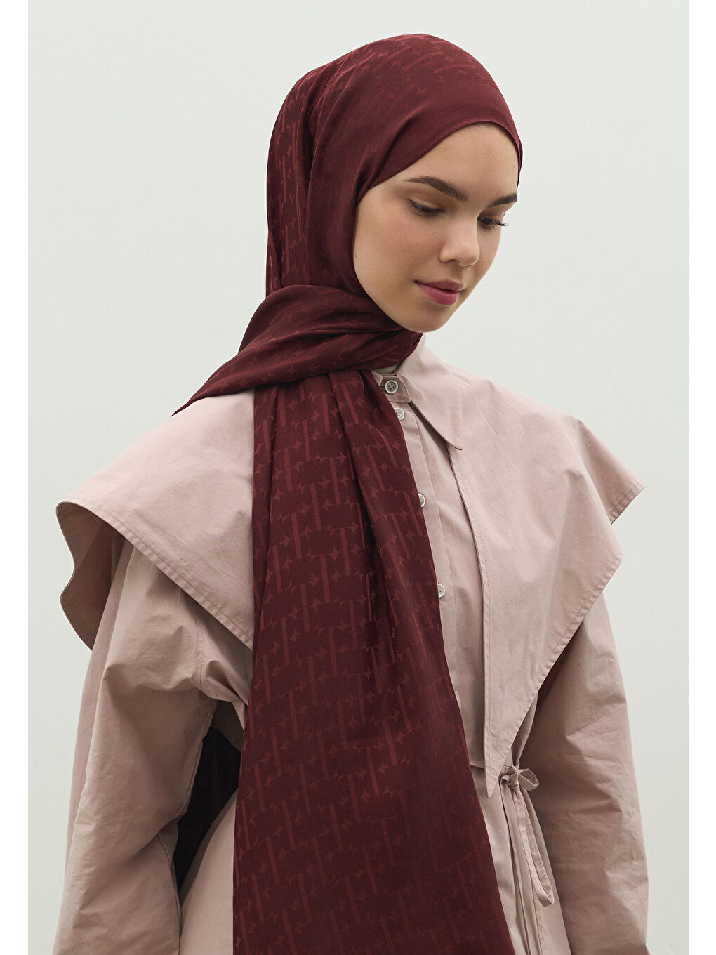 Bordo MONOGRAM PAMUK FLOŞ JAKARLI ŞAL BORDO-1