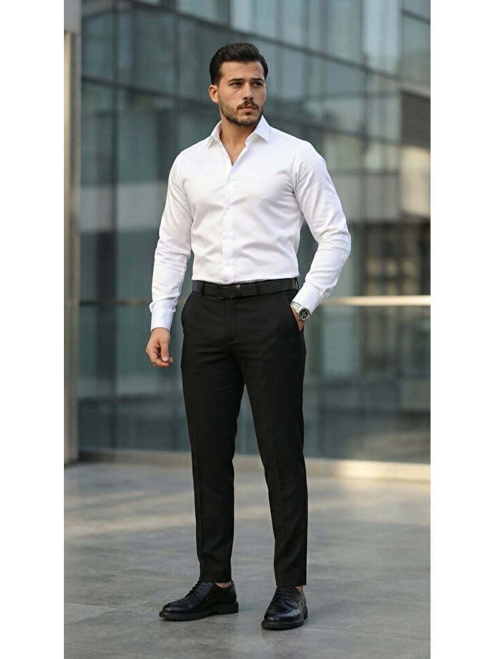 Beyaz Erkek Saten Klasik Gömlek-3