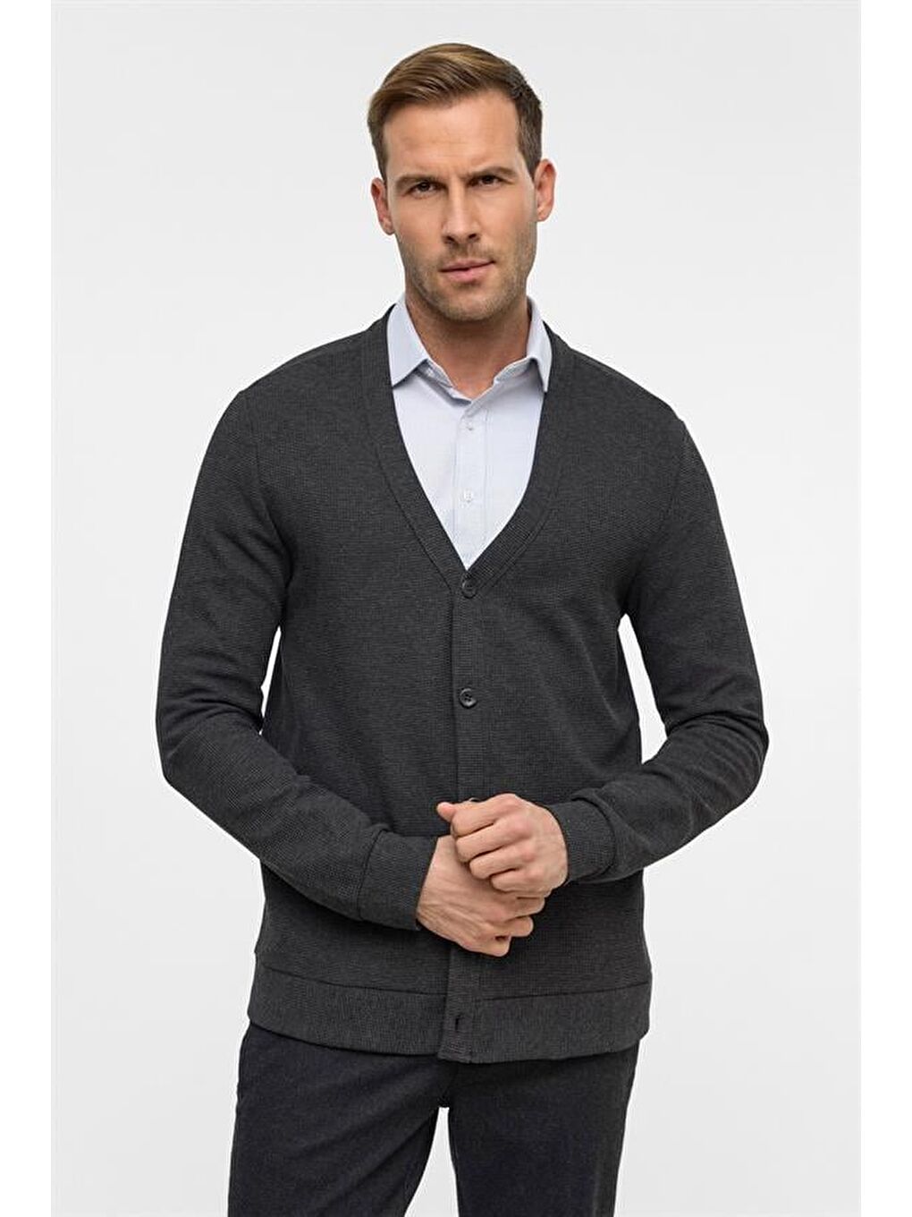 Antrasit Regular Düz V Yaka Hırka-1