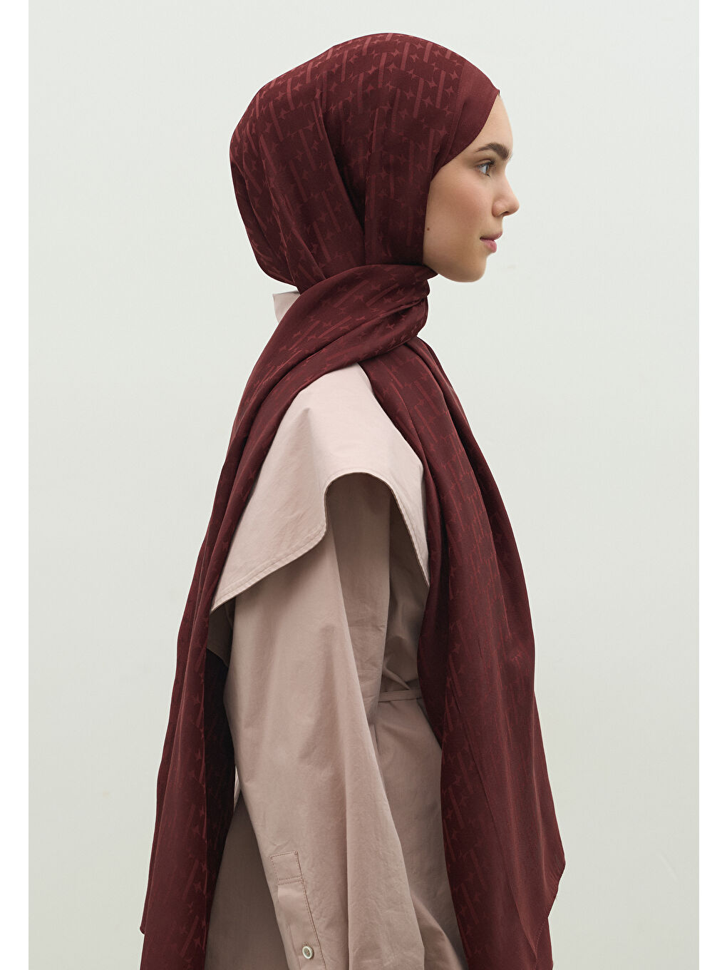 Bordo MONOGRAM PAMUK FLOŞ JAKARLI ŞAL BORDO-2