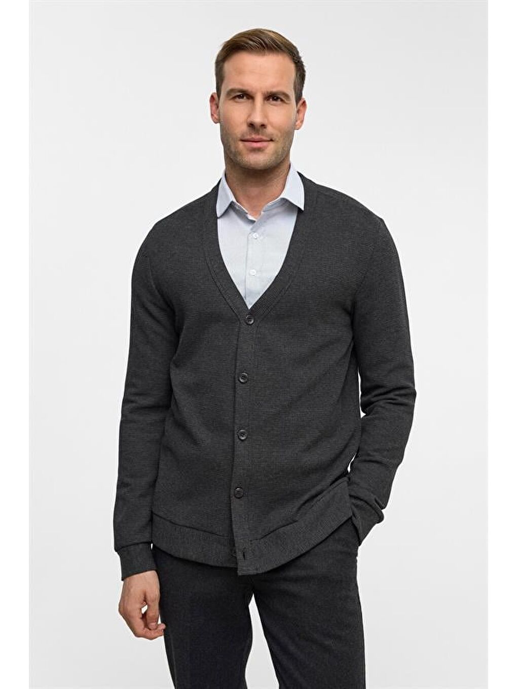 Antrasit Regular Düz V Yaka Hırka-2