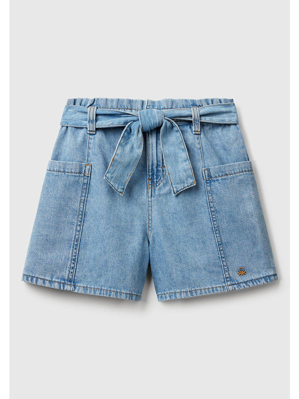 Mavi Kız Çocuk Denim Kuşaklı Beli Büzgülü Logolu Yan Cepli Denim Bermuda Şort