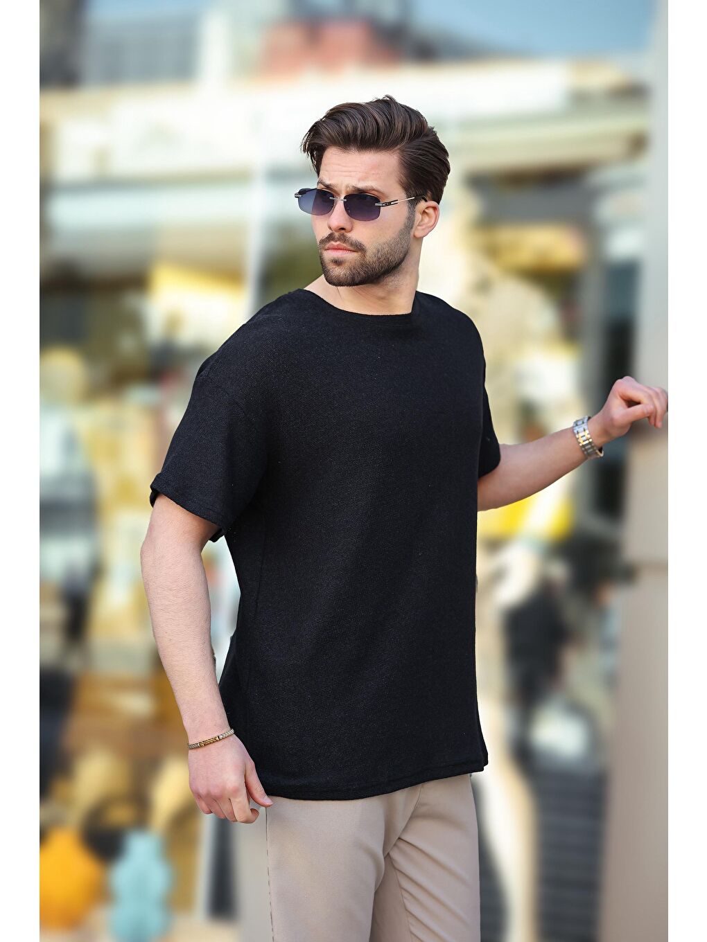 Siyah Bisiklet Yaka Oversize Erkek T-Shirt E7134-3