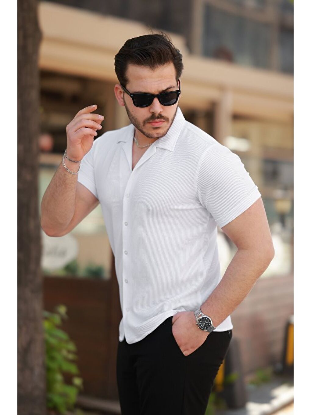 Beyaz Erkek Ottoman Kumaş Apaj Yaka Kısa Kollu Gömlek-1