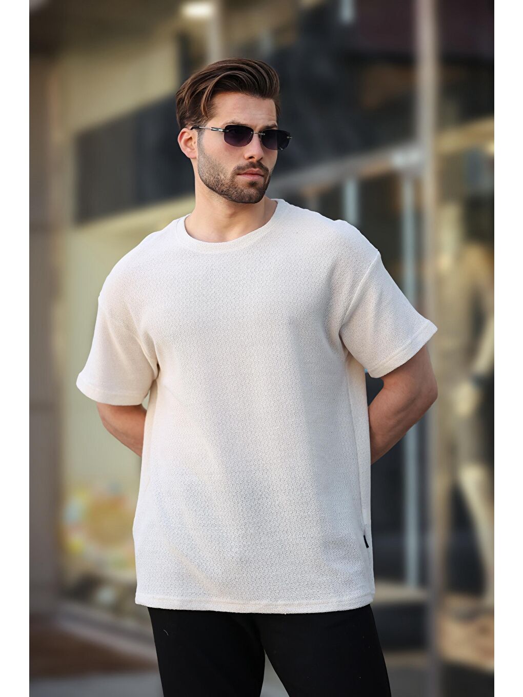 Ekru Bisiklet Yaka Oversize Erkek T-Shirt E7134-2