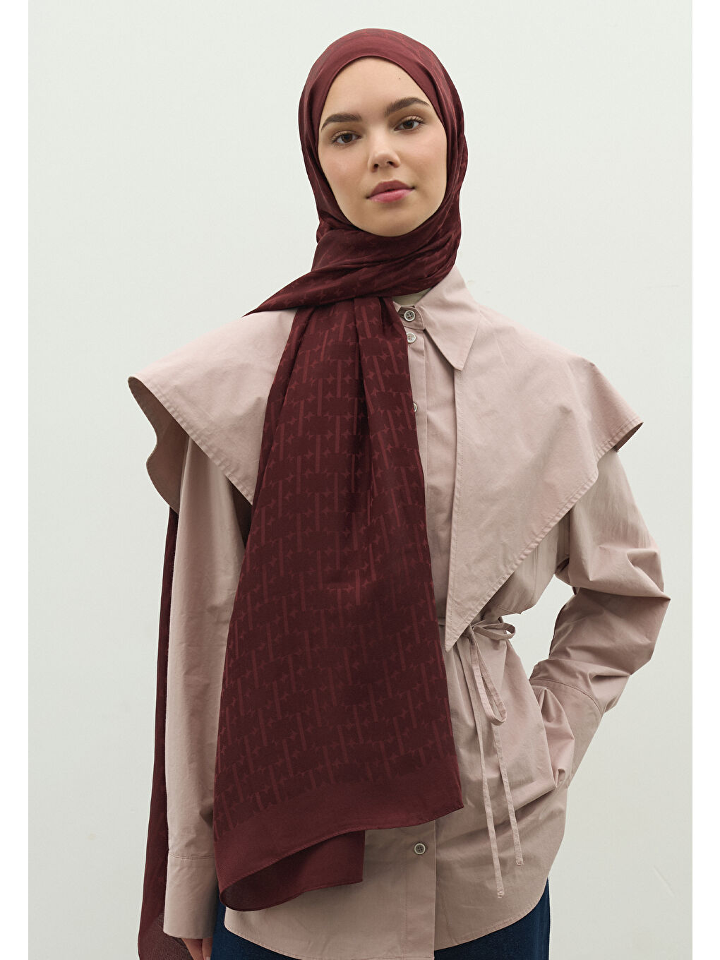 Bordo MONOGRAM PAMUK FLOŞ JAKARLI ŞAL BORDO-3