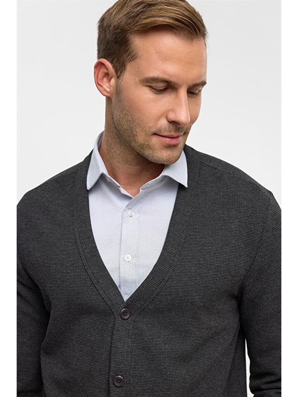 Antrasit Regular Düz V Yaka Hırka-3