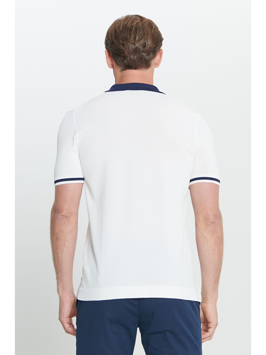 Erkek Beyaz-lacivert Standart Fit Normal Kesim Polo Yaka Triko Tişört-4