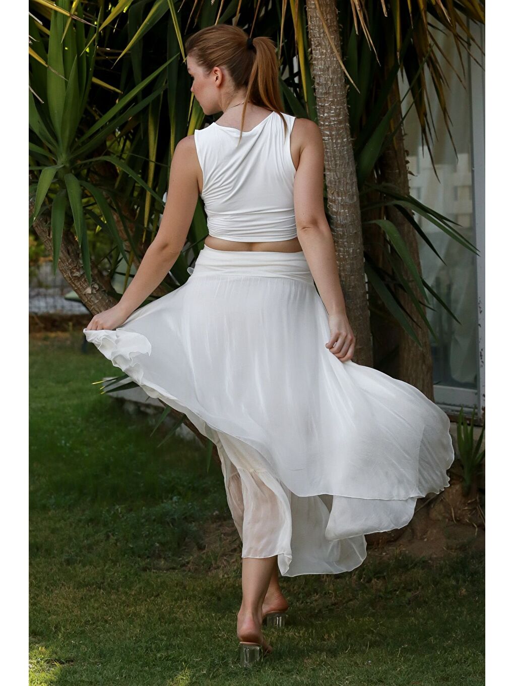 İtalyan Beyaz Astarlı Lastikli Bel Casual İpek Uzun Dokuma Etek 98 60-1