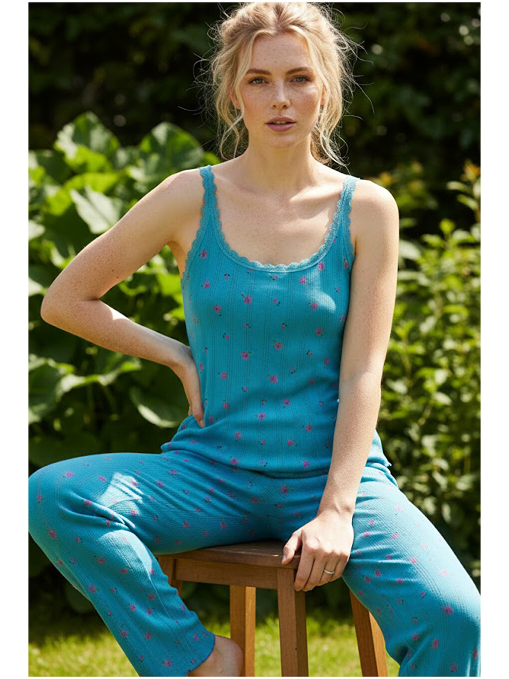 Yeşil Çiçek Desenli Pamuklu Pointel Ajurlu/delikli Askılı Örme Pijama Takım 26120640