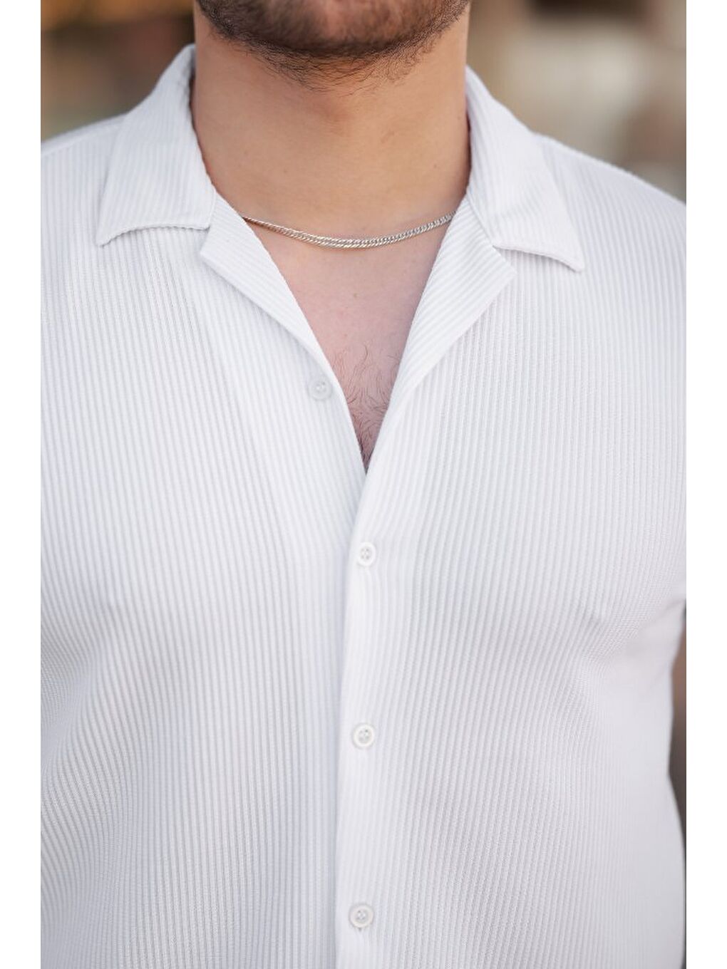 Beyaz Erkek Ottoman Kumaş Apaj Yaka Kısa Kollu Gömlek-2