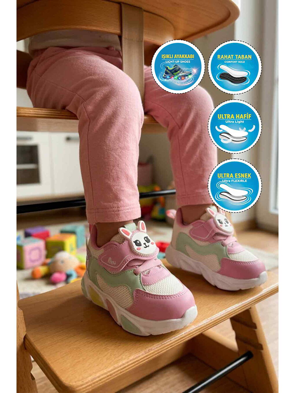 Fuşya Cırtlı Işıklı Fileli Hafif Kız Bebek Spor Ayakkabı Luna B-2