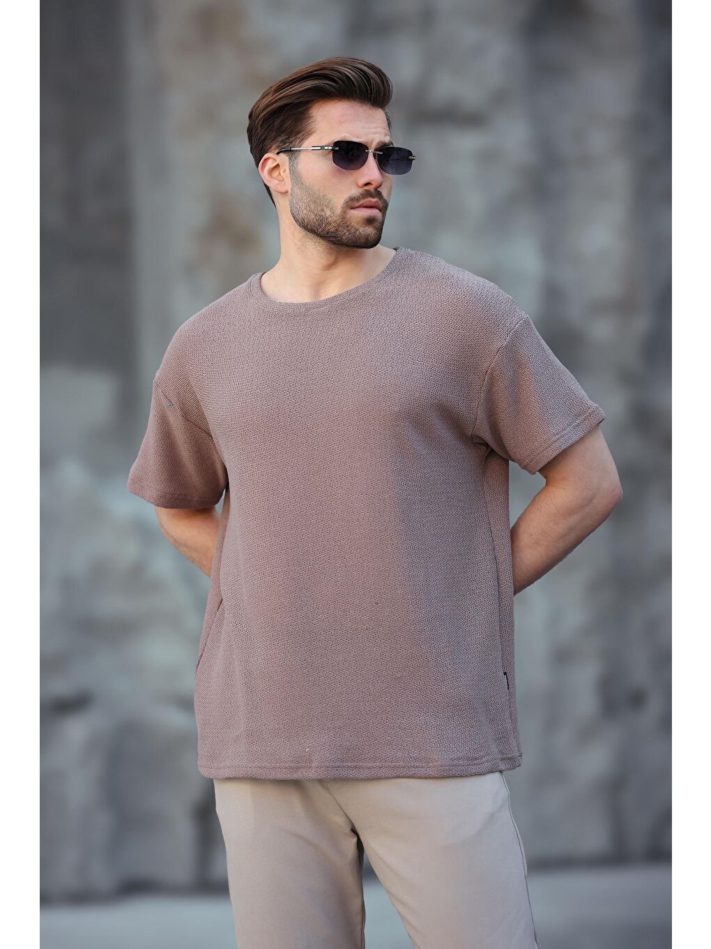 Kahverengi Bisiklet Yaka Oversize Erkek T-Shirt E7134