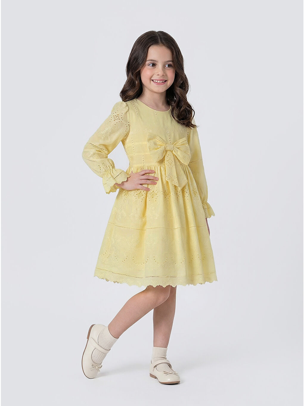 Sarı Kız Çocuk Uzun Kollu Önü Kurdelalı Fisto Elbise