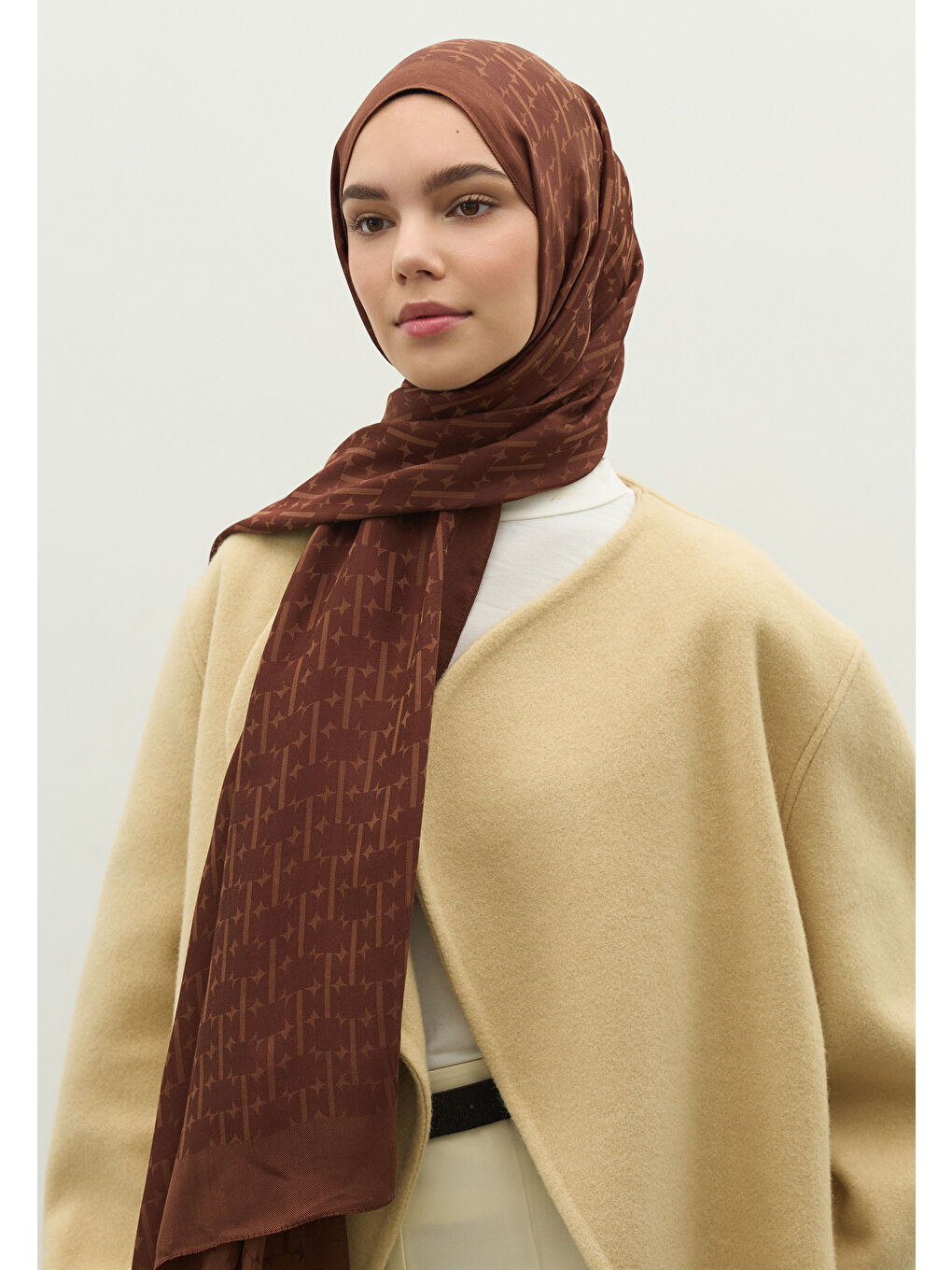 Kahverengi MONOGRAM PAMUK FLOŞ JAKARLI ŞAL AĞAÇ KABUĞU-2