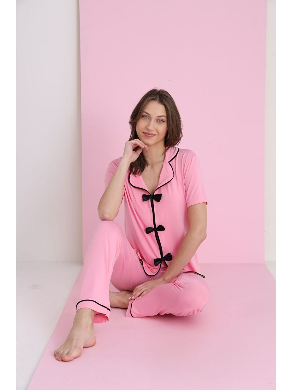 Pembe Bamboo Fiyonklu Pijama Takımı 7058-11