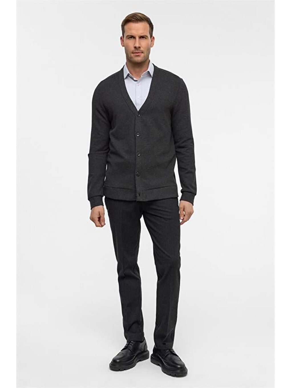 Antrasit Regular Düz V Yaka Hırka-5