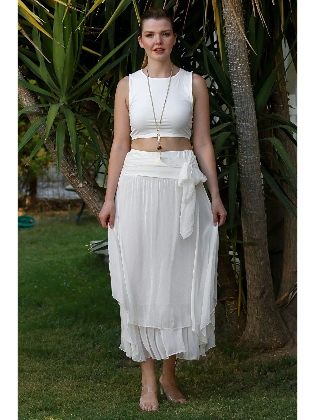 İtalyan Beyaz Astarlı Lastikli Bel Casual İpek Uzun Dokuma Etek 98 60-2