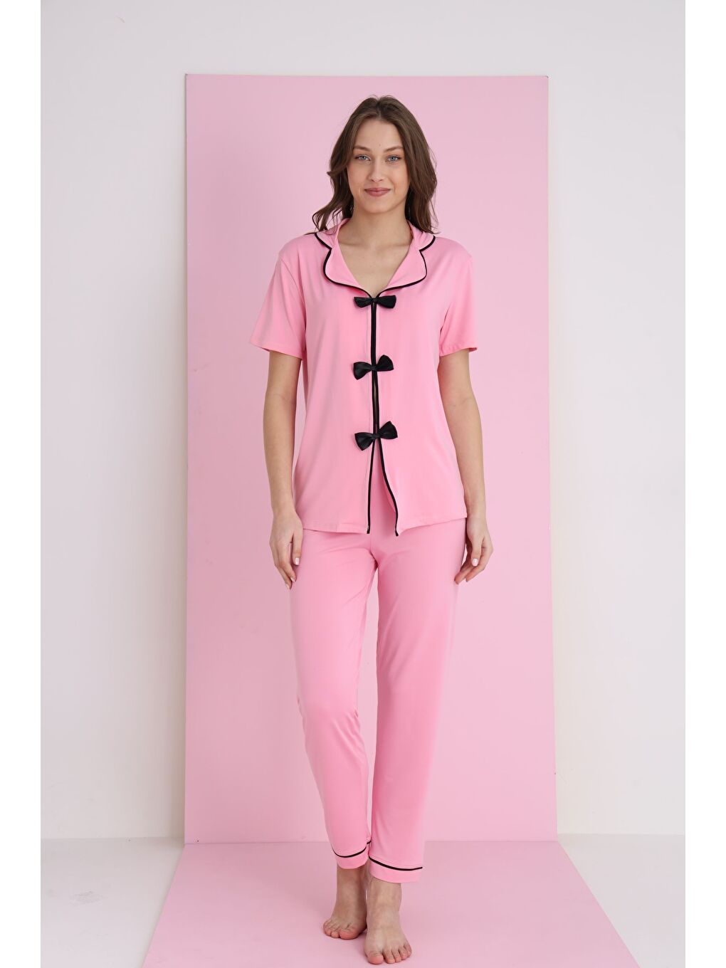 Pembe Bamboo Fiyonklu Pijama Takımı 7058-11-1