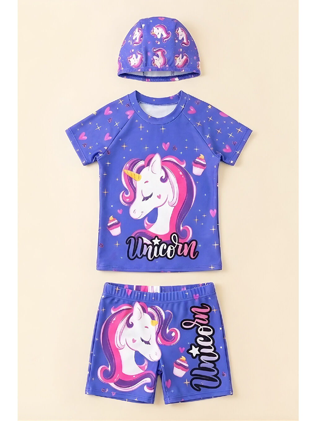 Lila Kız Çocuk 3'lü Mayo Takımı (Şort+Üst+Bone) 2-8 Yaş 12585N-1