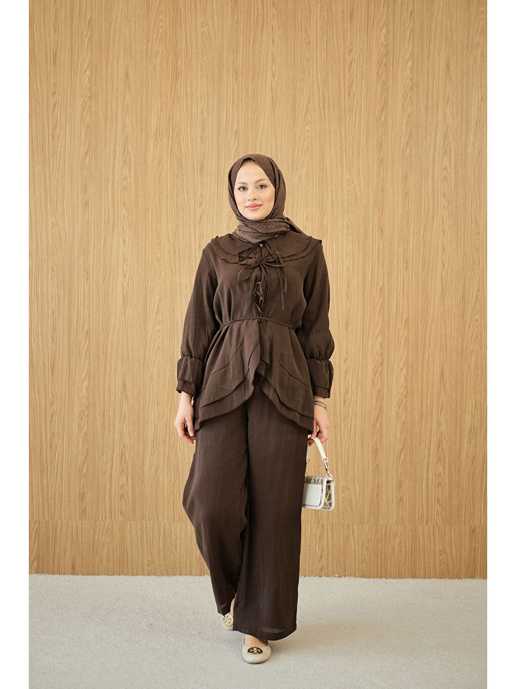 Kadın Bel Bağlamalı Takım Kahverengi-1