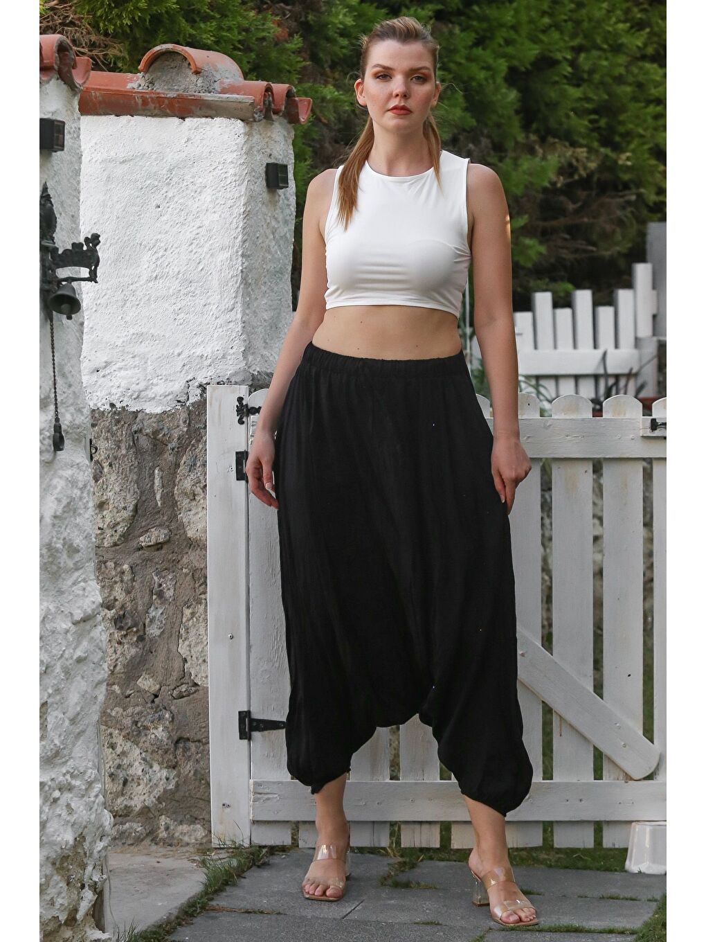 Siyah Yıkamalı Lastikli Bel Şalvar Paça Casual Krinkıl Dokuma Pantolon 95 80