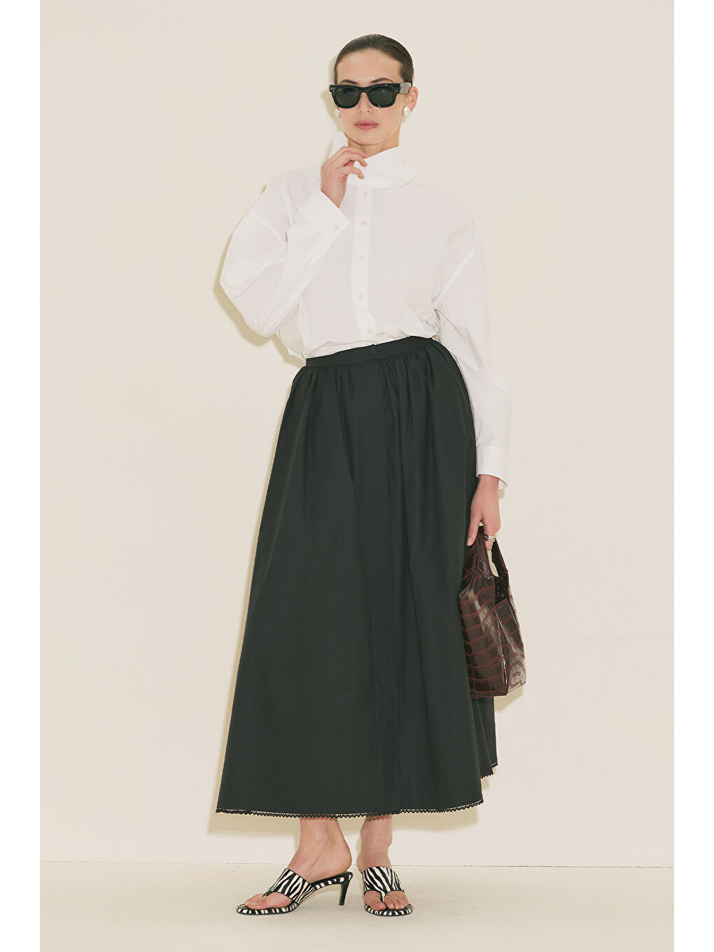 Yüksek Yakalı Kısa Gömlek Ekru-6