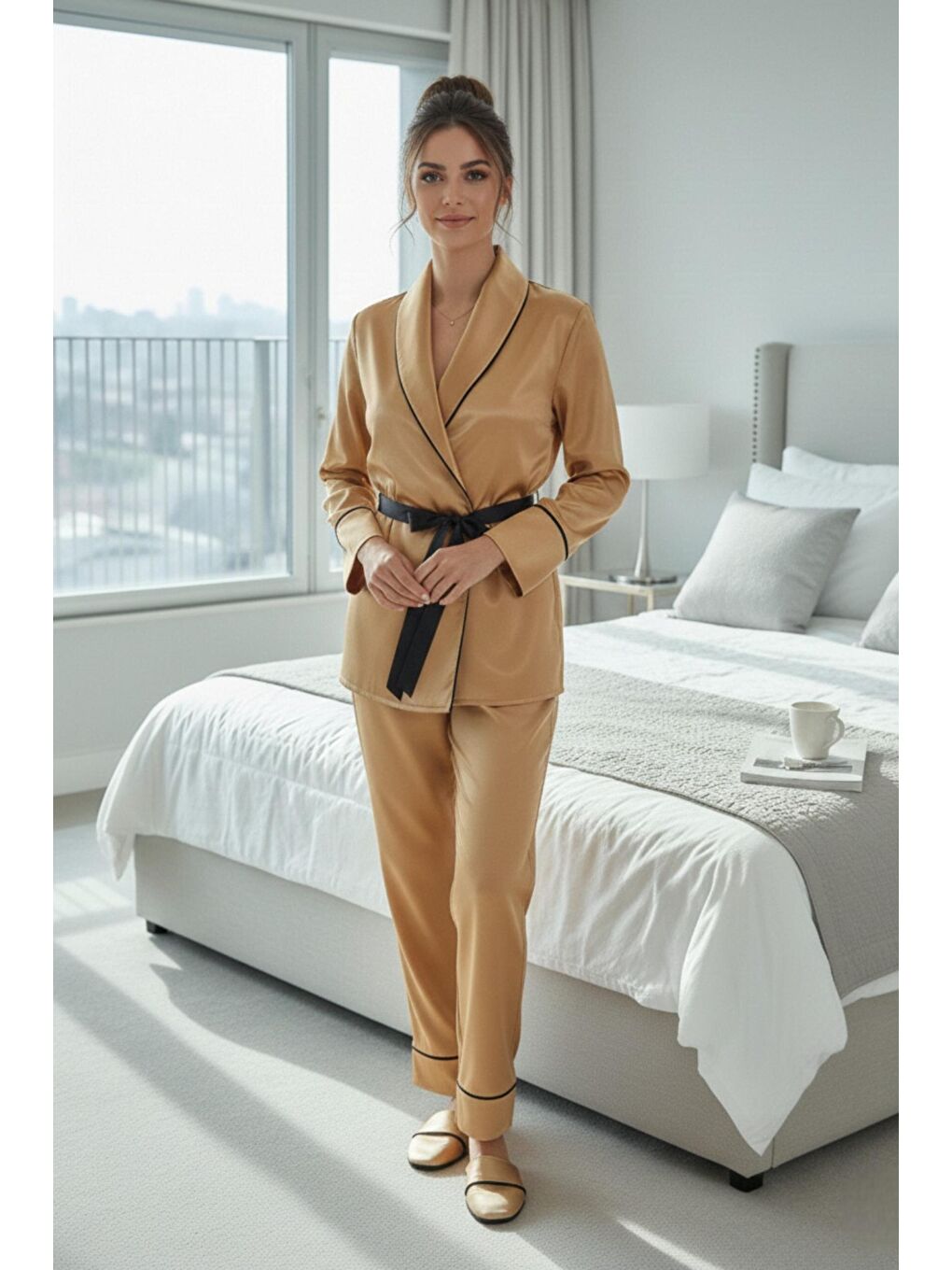 Sarı Gold Soft Glow Şal Yaka Uzun Kol Saten Pijama Takımı