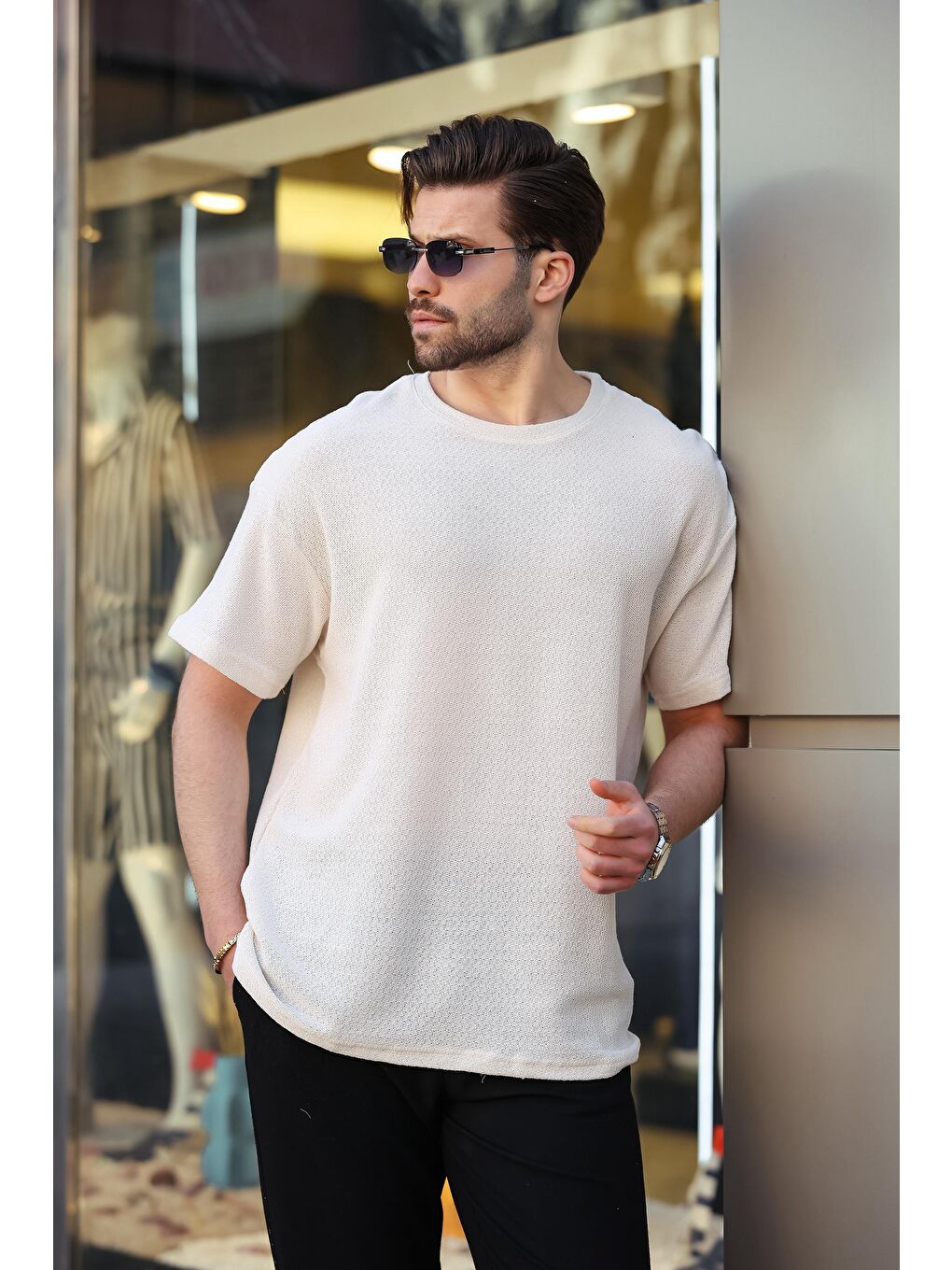 Ekru Bisiklet Yaka Oversize Erkek T-Shirt E7134-3