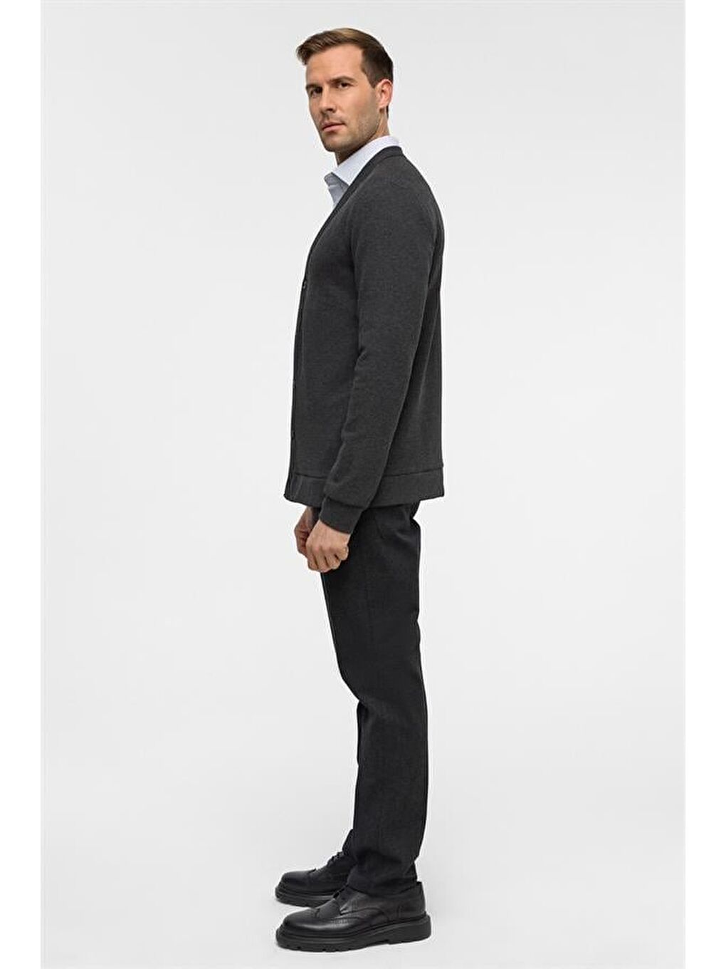 Antrasit Regular Düz V Yaka Hırka-6