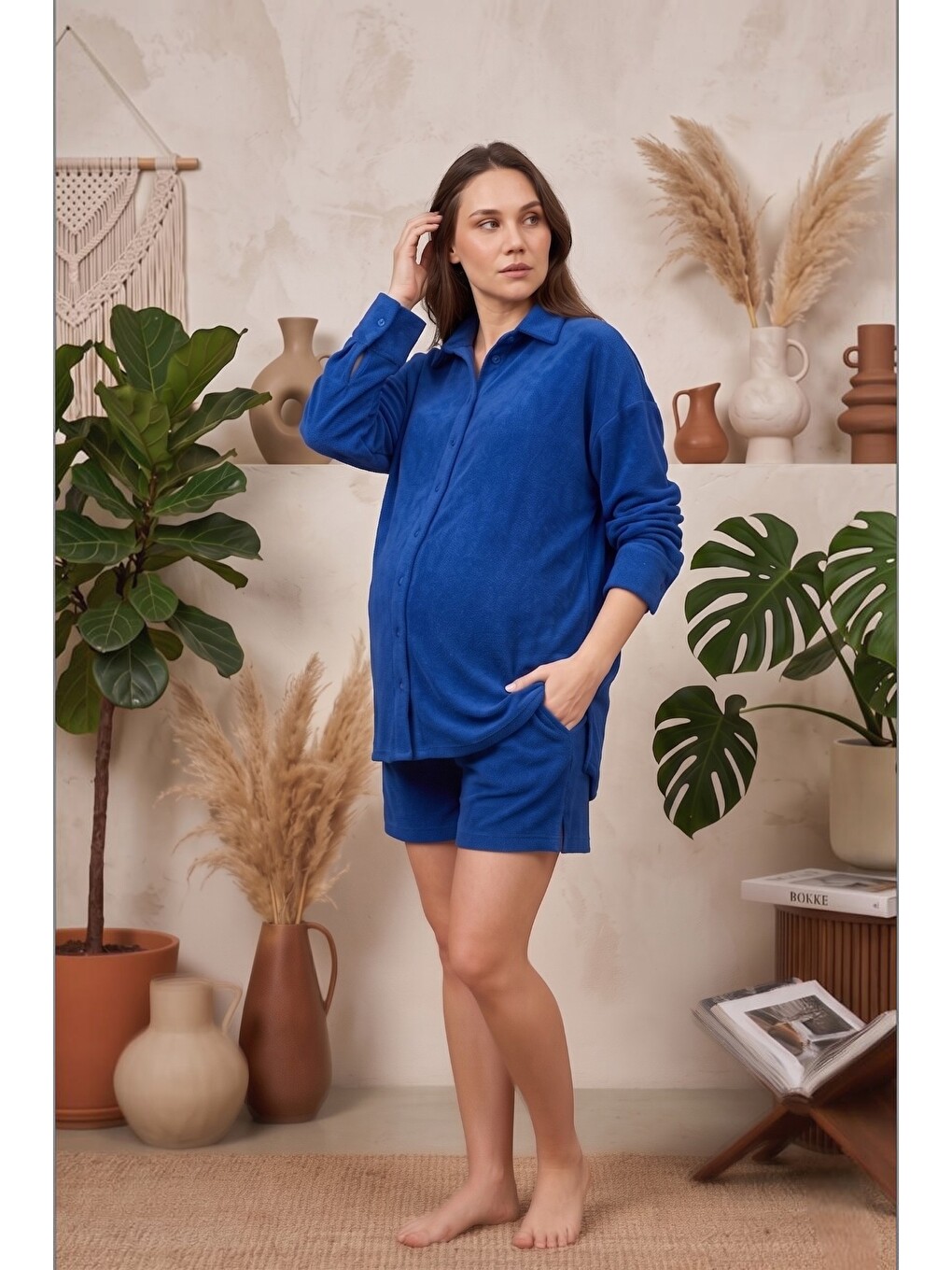 Lacivert HAWAİİ Oversize %100 Pamuk Havlu Kumaş Hamile ve Lohusa Gömlek-3