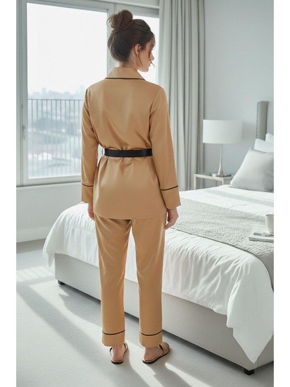 Sarı Gold Soft Glow Şal Yaka Uzun Kol Saten Pijama Takımı-2