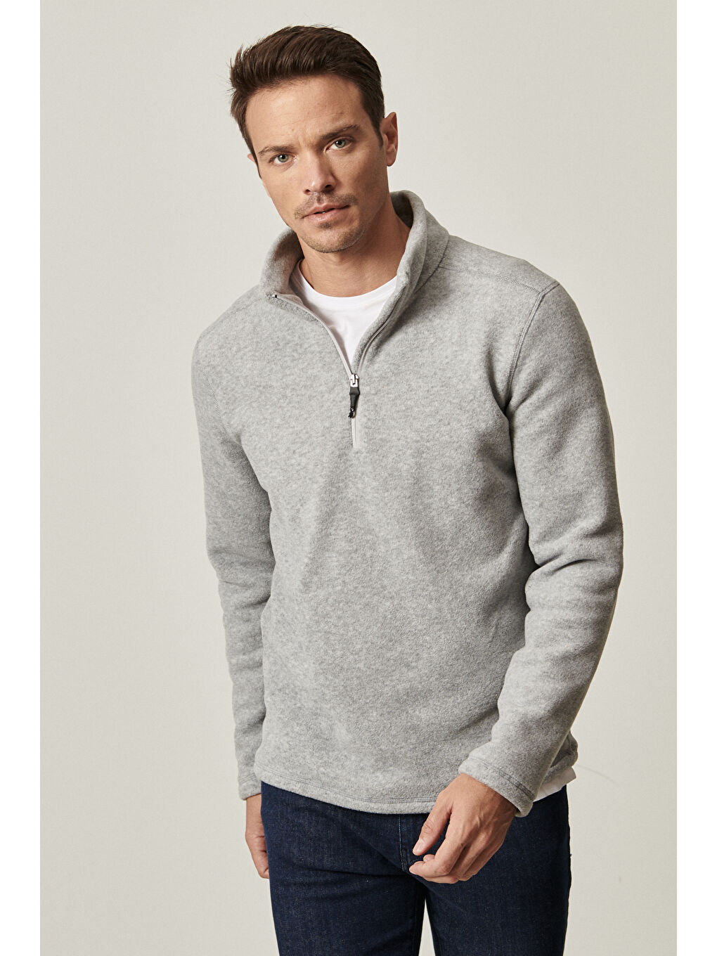 Erkek Gri Anti-Pilling Tüylenme Yapmayan Standart Fit Dik Yaka Polar Sweatshirt