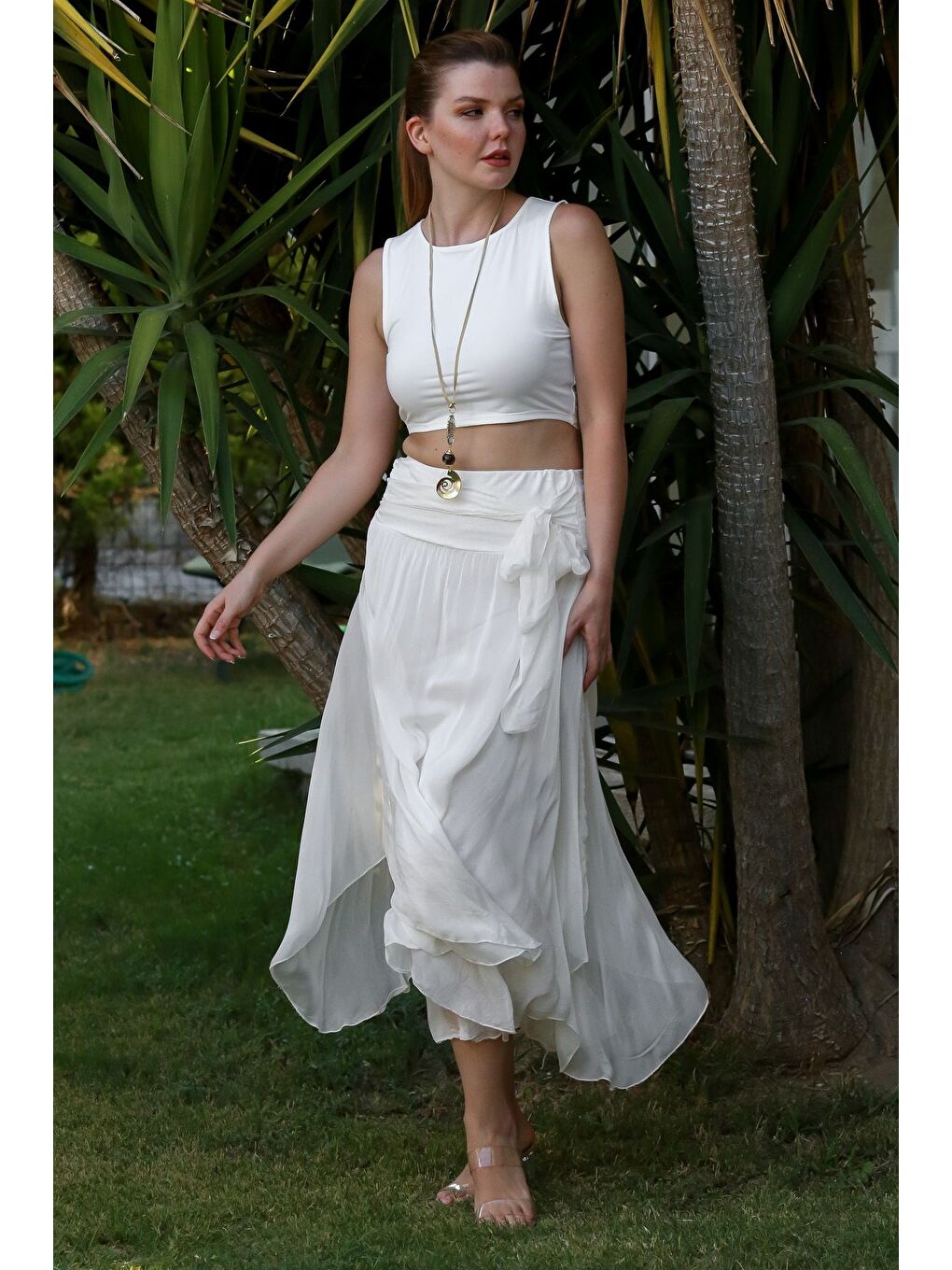 İtalyan Beyaz Astarlı Lastikli Bel Casual İpek Uzun Dokuma Etek 98 60-3