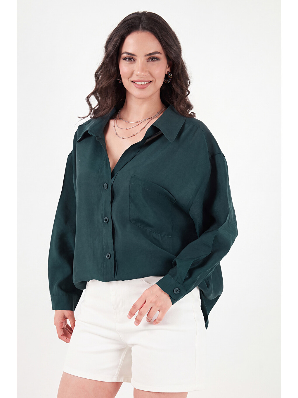 Yeşil Modal Oversize Fit Uzun Kollu Kadın Gömlek 6834612-2