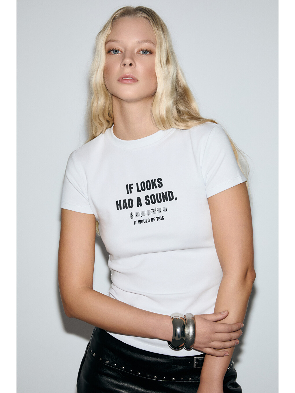 Beyaz CASSELINA Kadın Yumuşak Ve Esnek Kumaşlı Baskı Detaylı Bisiklet Yakalı BEYAZ T-Shirt-2