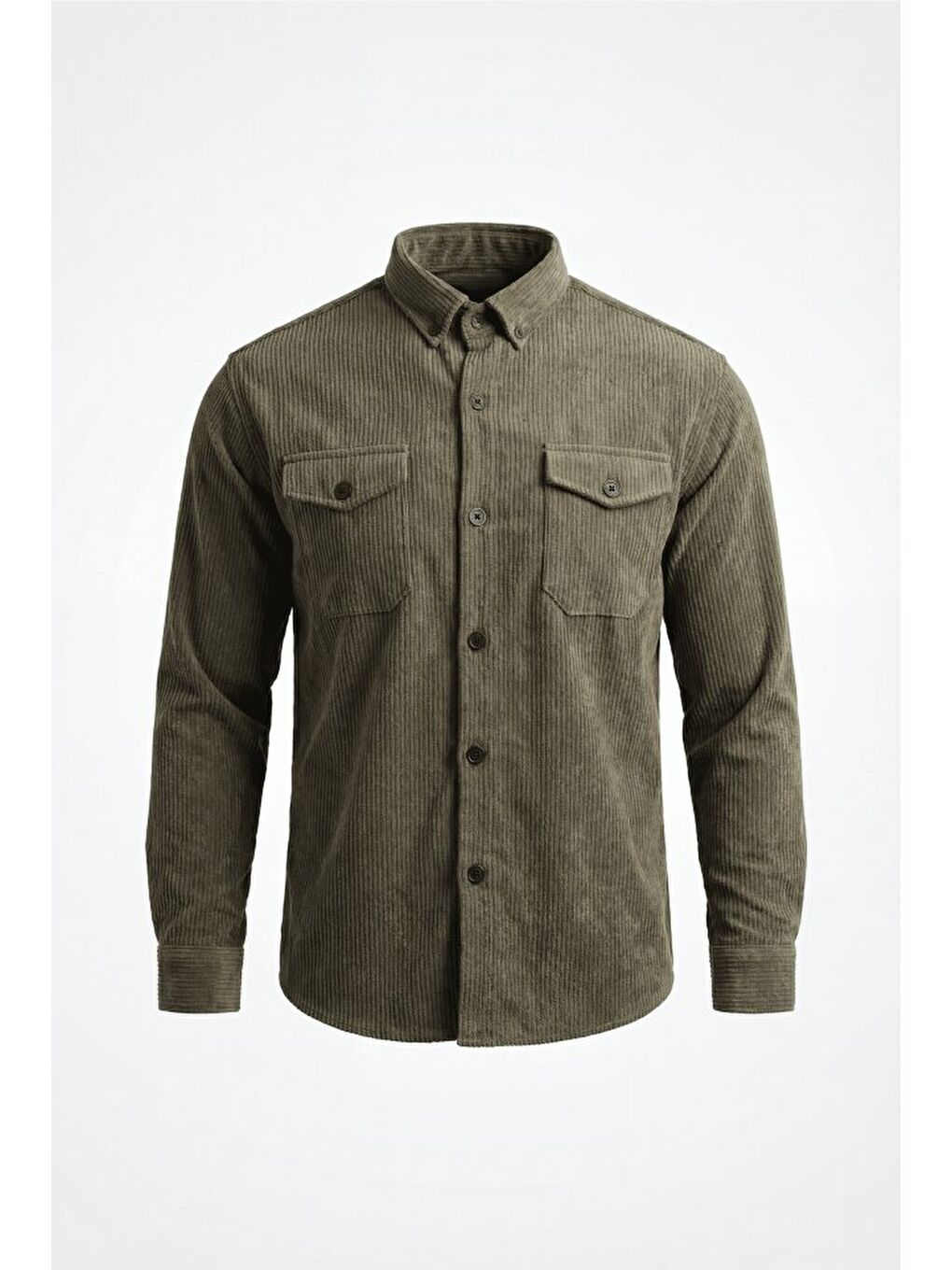 Haki Erkek Uzun Kollu Cepli Kadife Gömlek-1