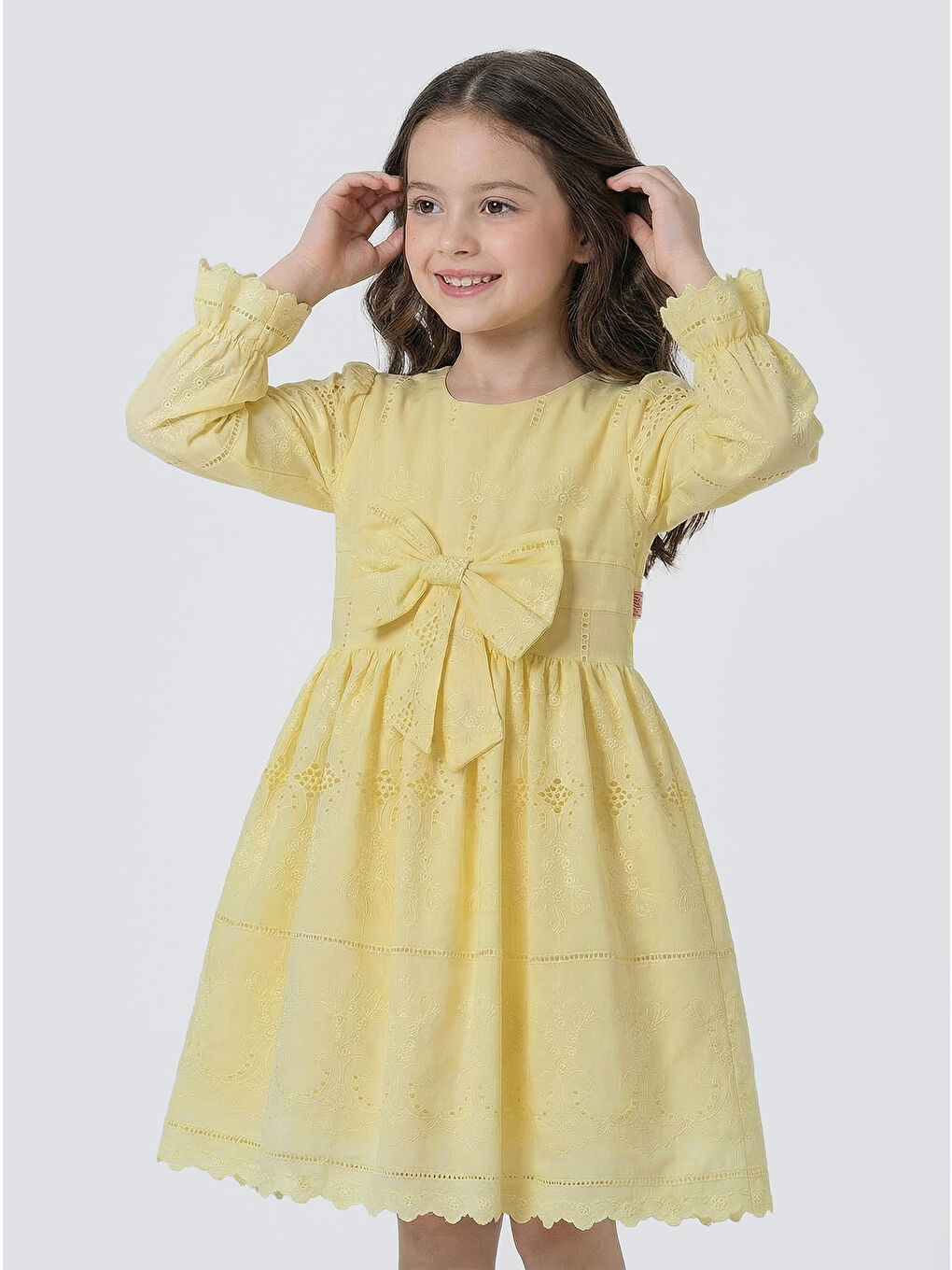 Sarı Kız Çocuk Uzun Kollu Önü Kurdelalı Fisto Elbise-1