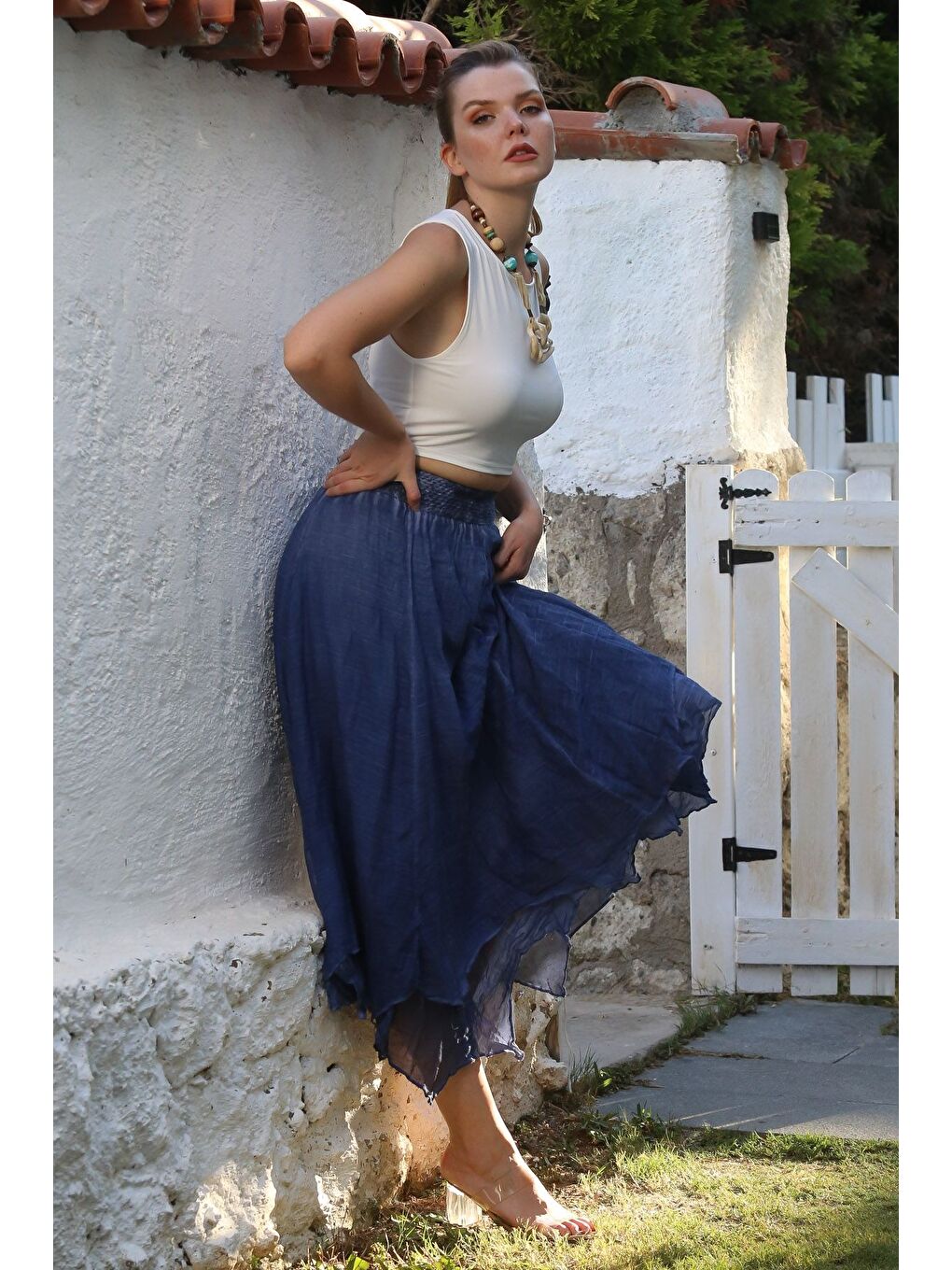 Jean Mavisi Katlı Yıkamalı Lastikli Bel Casual Krinkıl Asimetrik Dokuma Etek 89 70