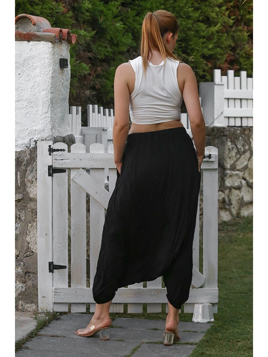 Siyah Yıkamalı Lastikli Bel Şalvar Paça Casual Krinkıl Dokuma Pantolon 95 80-1