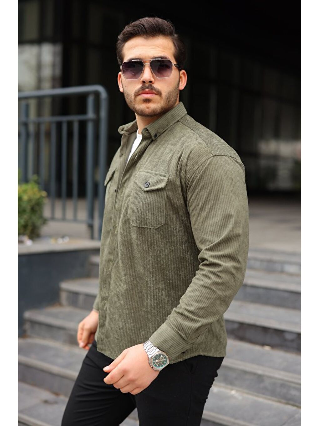 Haki Erkek Uzun Kollu Cepli Kadife Gömlek-2