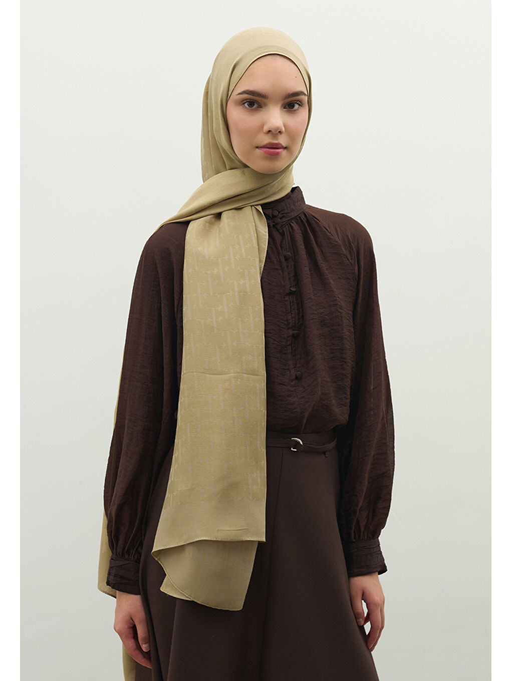 Bej MONOGRAM PAMUK FLOŞ JAKARLI ŞAL VİZON-1