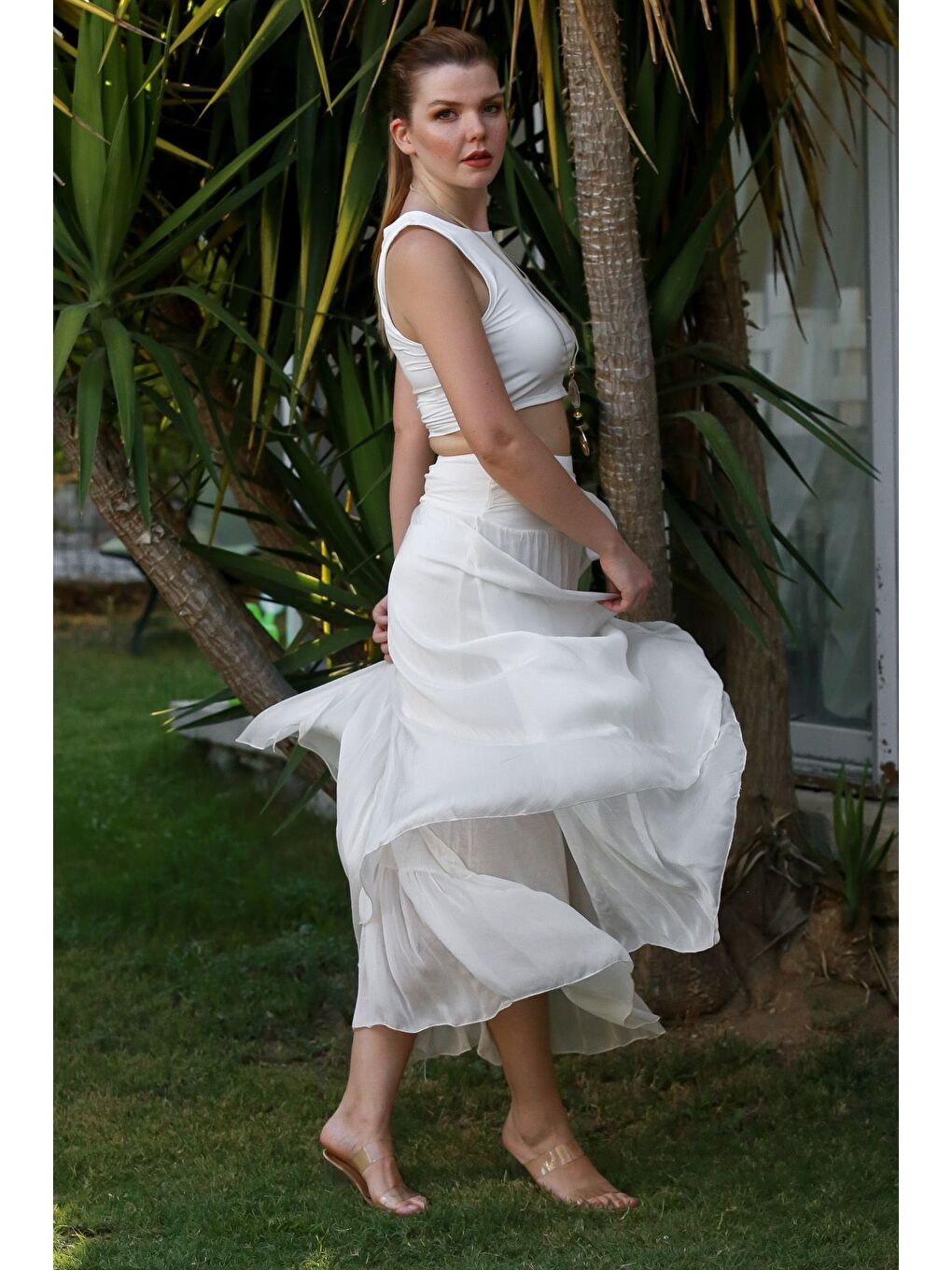 İtalyan Beyaz Astarlı Lastikli Bel Casual İpek Uzun Dokuma Etek 98 60-4